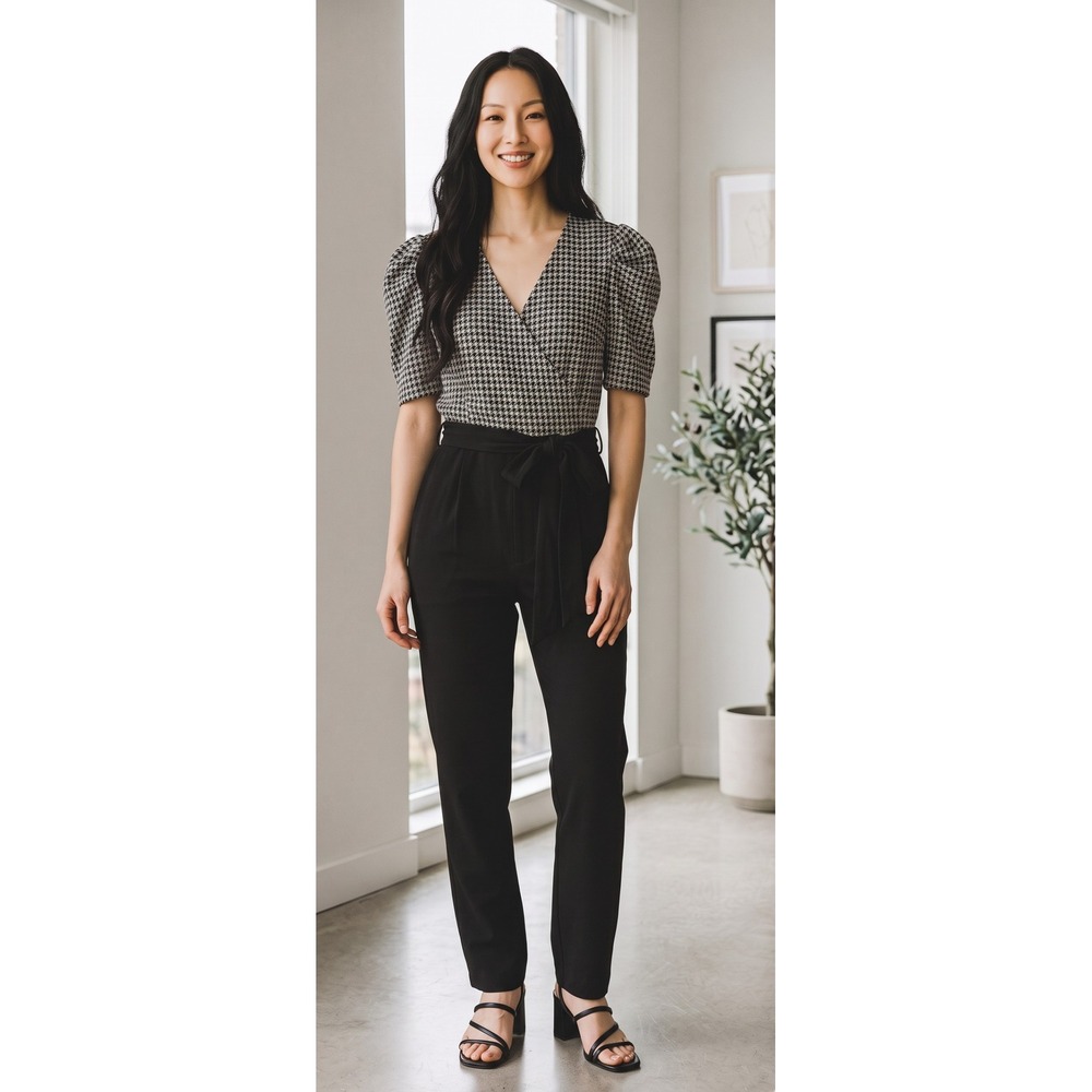 Janette F/S Womens Houndstooth Puff Sleeve Surplice Jumpsuit Black Silver PJ9867